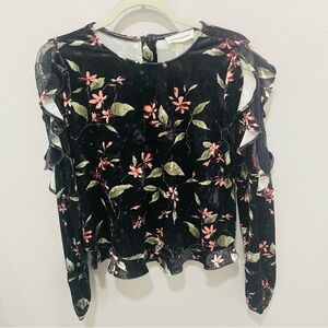 Coverstitched Floral Crushed Velvet Long Sleeve Top with Lace & Ruffle Sleeves